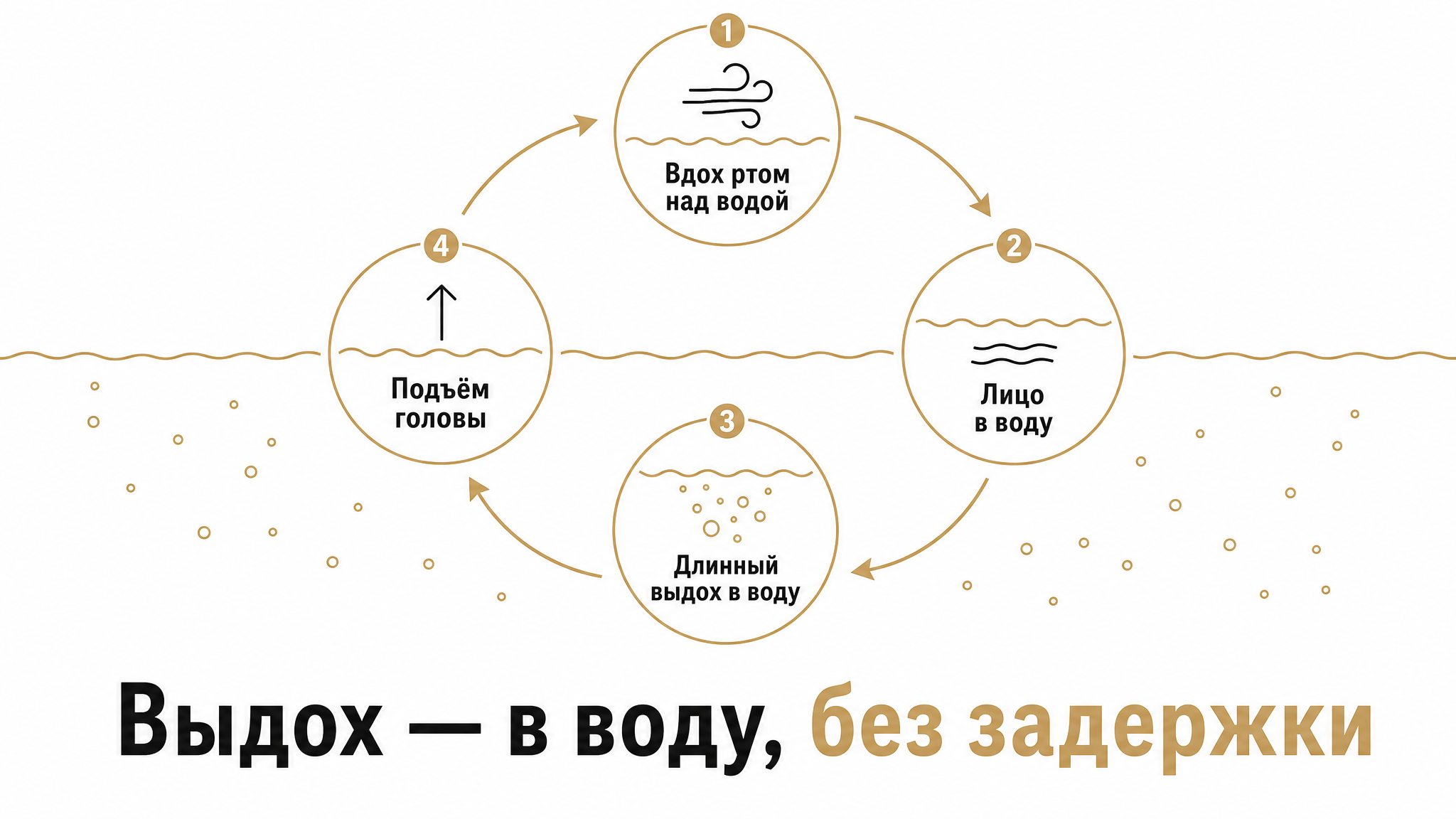 Цикл дыхания пловца-новичка: вдох ртом над водой, лицо в воду, длинный выдох, подъём головы